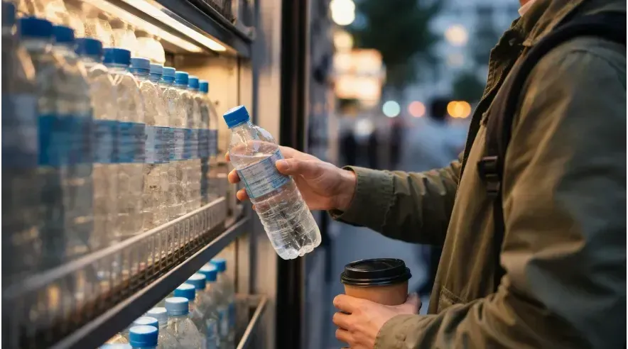 Commuter buying bottled water for convenience
