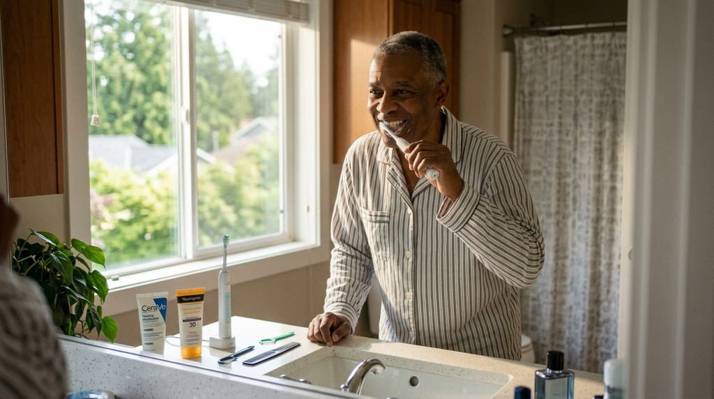 Mature adult following an adapted personal care routine with moisturizer, oral care, sunscreen, and easy-to-use grooming tools.