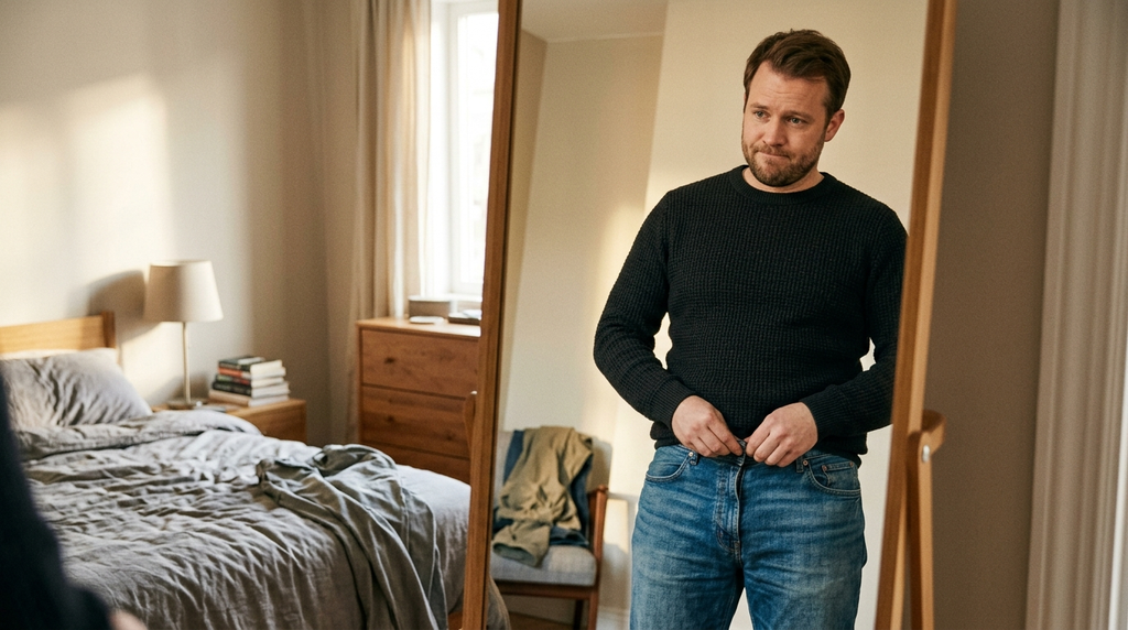 Adult adjusting the waistband of snug jeans while noticing a change in body size.